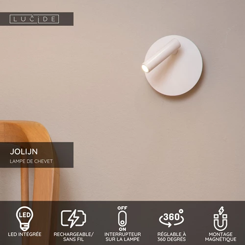 Lucide JOLIJN - Lampe de chevet / Applique mural Rechargeable - Batterie/Piles - Ø 10,2 cm - LED - 1x2W 3000K - Magnétique - Blanc - USP